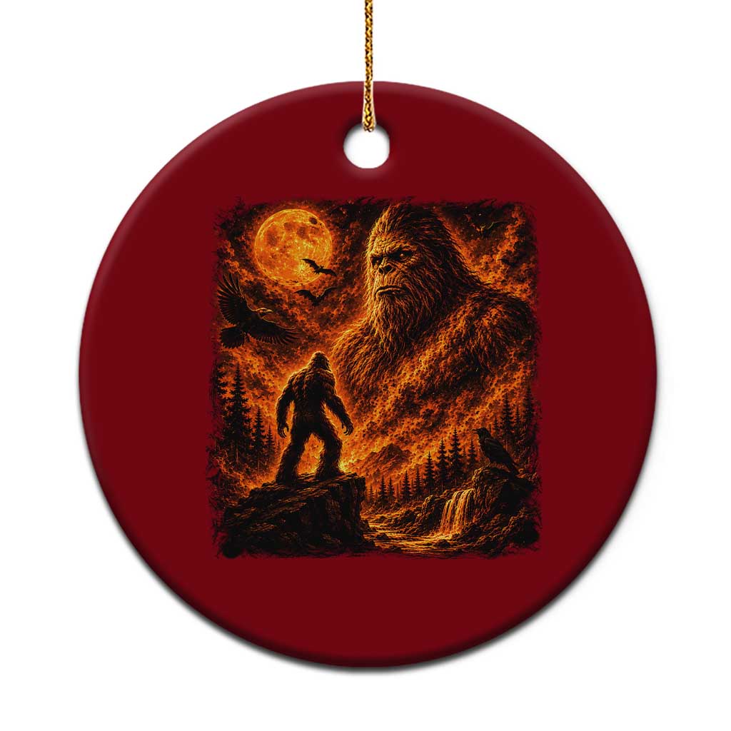 90s Retro Fiery Bigfoot Halloween Under The Moon Spooky Cryptid Graphic Ceramic Ornament