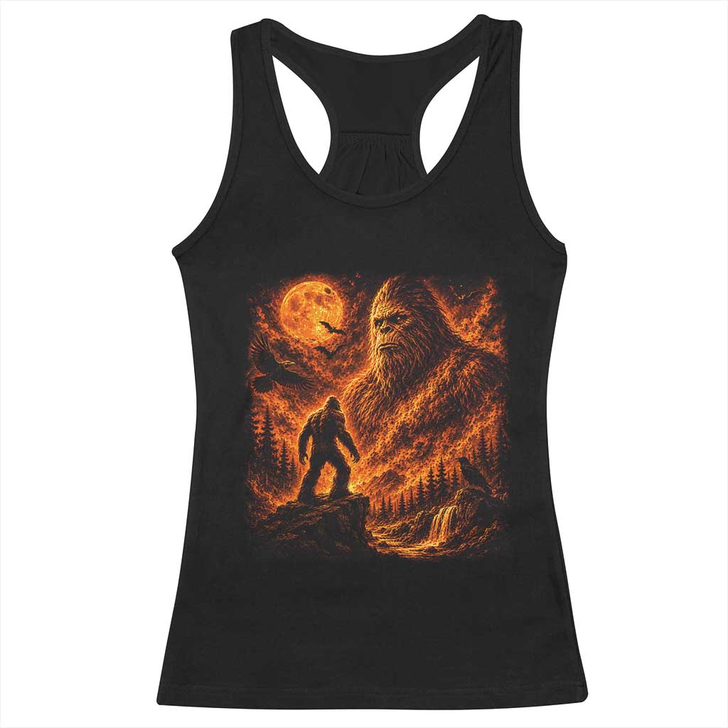 90s Retro Fiery Bigfoot Halloween Under The Moon Spooky Cryptid Graphic Racerback Tank Top
