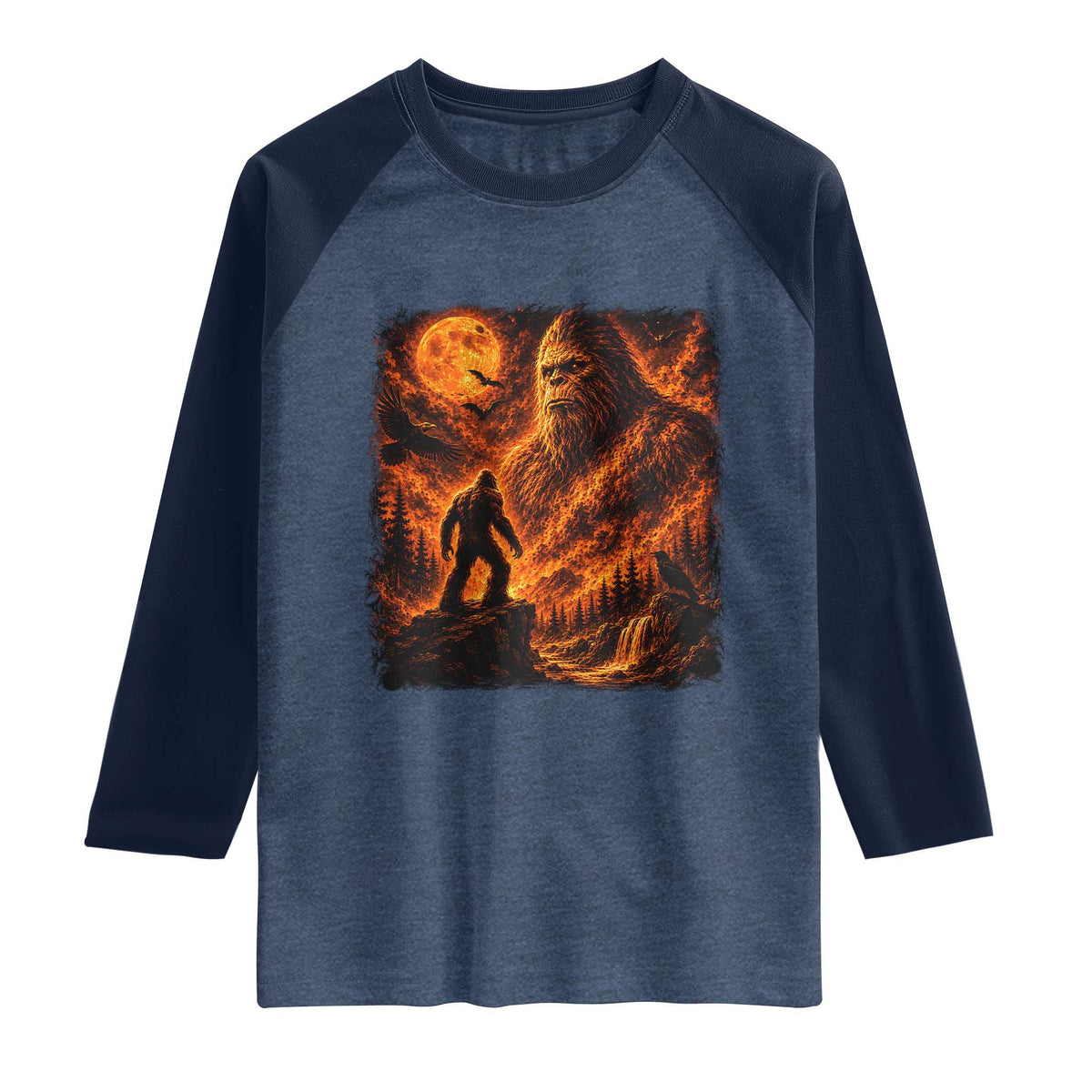 90s Retro Fiery Bigfoot Halloween Under The Moon Spooky Cryptid Graphic Raglan Shirt