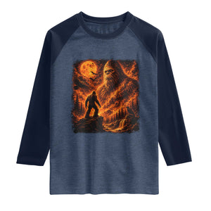 90s Retro Fiery Bigfoot Halloween Under The Moon Spooky Cryptid Graphic Raglan Shirt