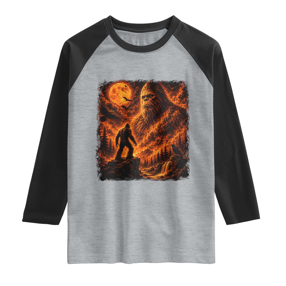 90s Retro Fiery Bigfoot Halloween Under The Moon Spooky Cryptid Graphic Raglan Shirt