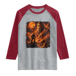 90s Retro Fiery Bigfoot Halloween Under The Moon Spooky Cryptid Graphic Raglan Shirt