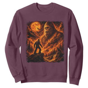 90s Retro Fiery Bigfoot Halloween Under The Moon Spooky Cryptid Graphic Sweatshirt