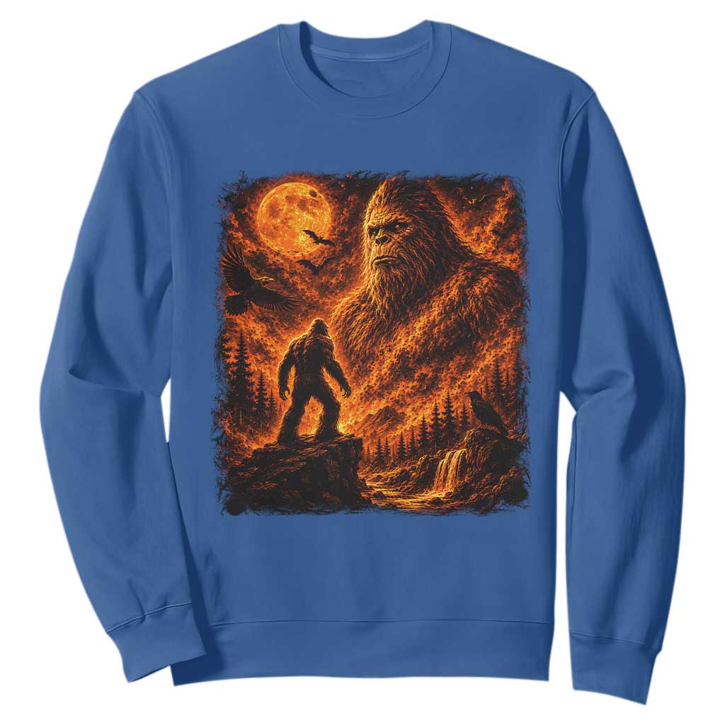 90s Retro Fiery Bigfoot Halloween Under The Moon Spooky Cryptid Graphic Sweatshirt