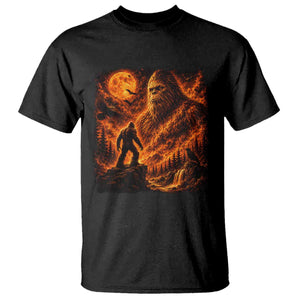 90s Retro Fiery Bigfoot Halloween Under The Moon Spooky Cryptid Graphic T Shirt