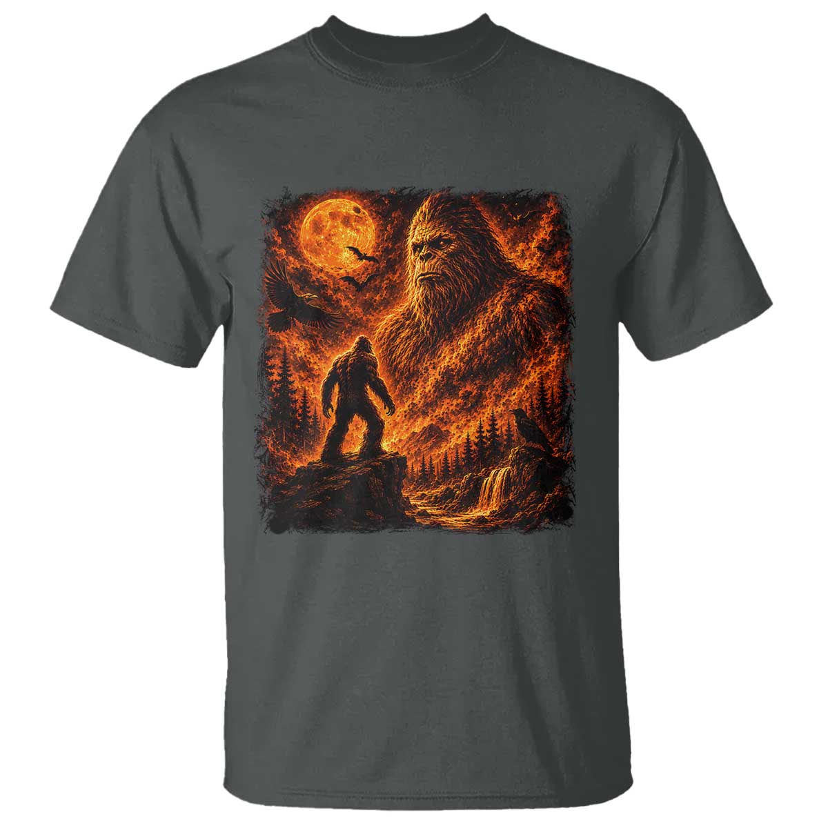 90s Retro Fiery Bigfoot Halloween Under The Moon Spooky Cryptid Graphic T Shirt