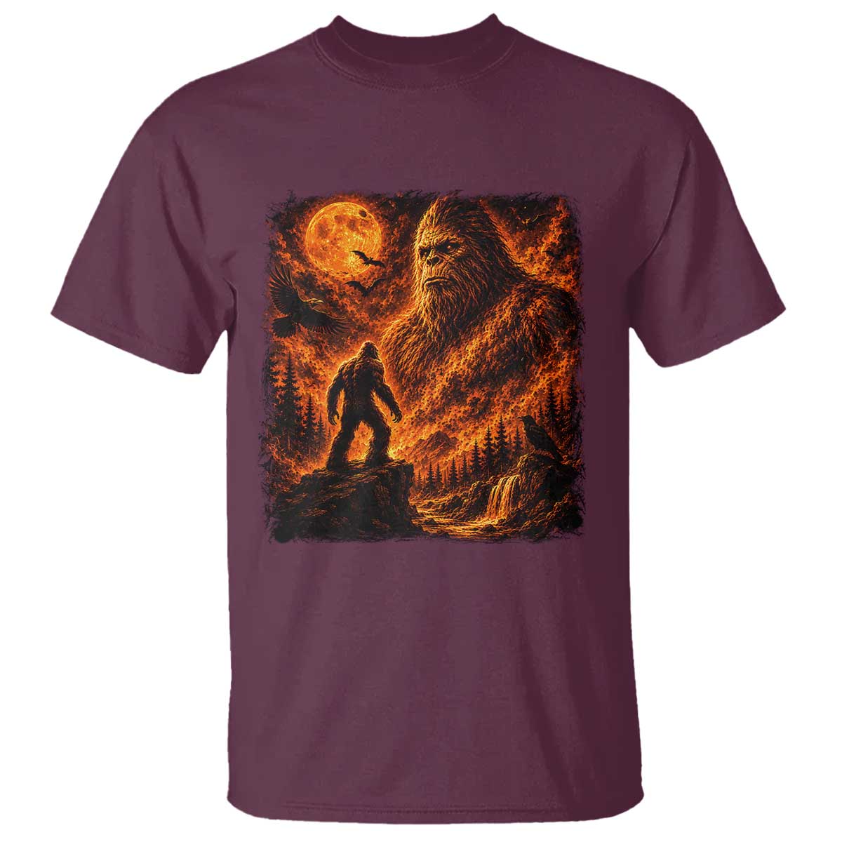90s Retro Fiery Bigfoot Halloween Under The Moon Spooky Cryptid Graphic T Shirt