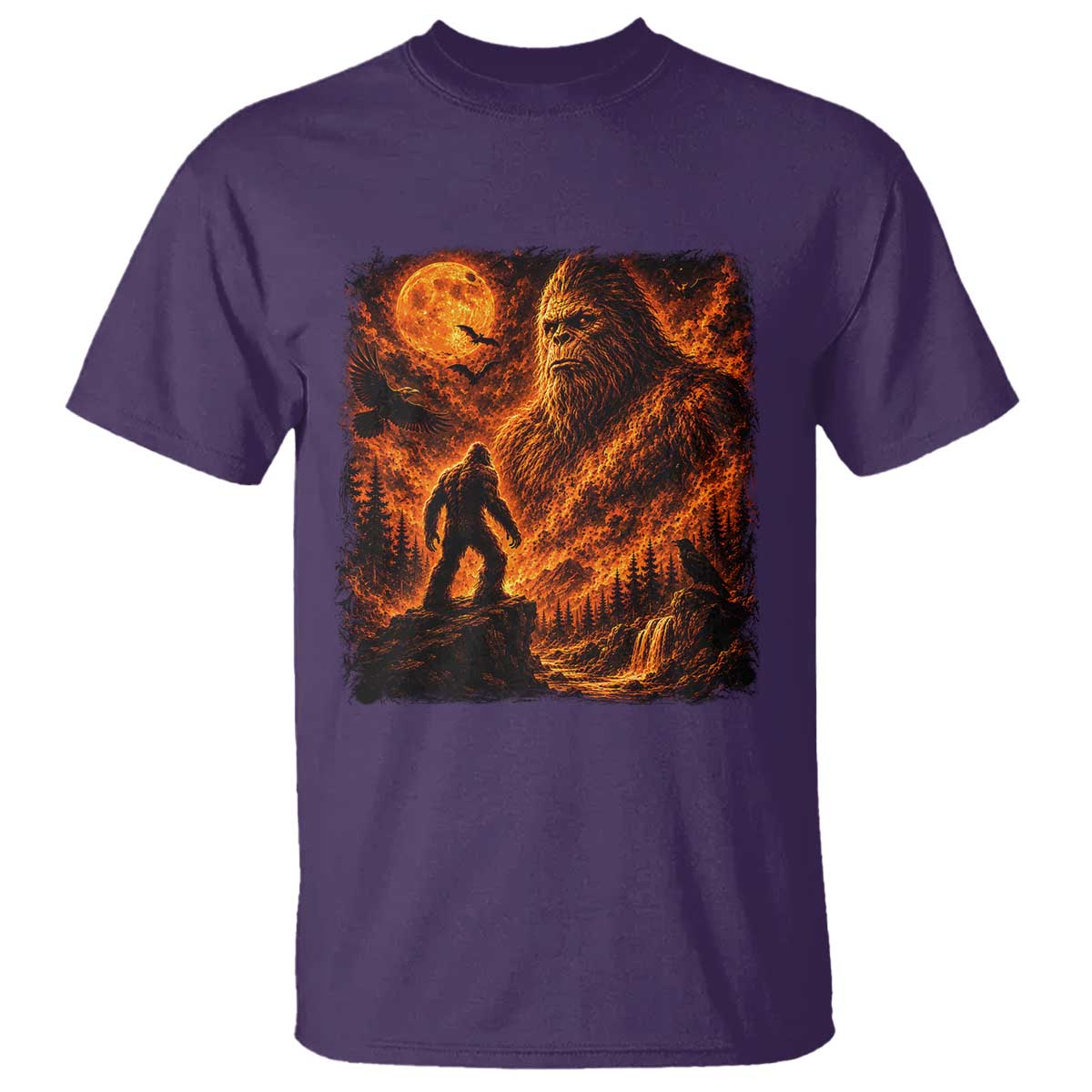 90s Retro Fiery Bigfoot Halloween Under The Moon Spooky Cryptid Graphic T Shirt
