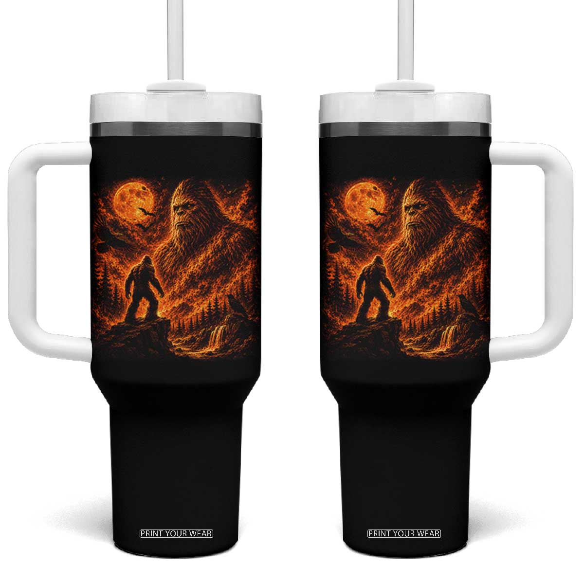 90s Retro Fiery Bigfoot Halloween Under The Moon Spooky Cryptid Graphic Tumbler With Handle