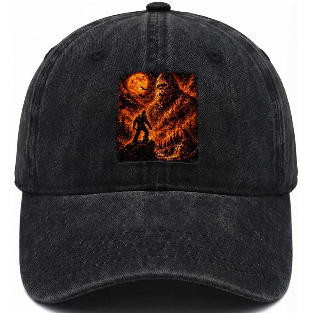 90s Retro Fiery Bigfoot Halloween Under The Moon Spooky Cryptid Graphic Washed Cotton Baseball Cap