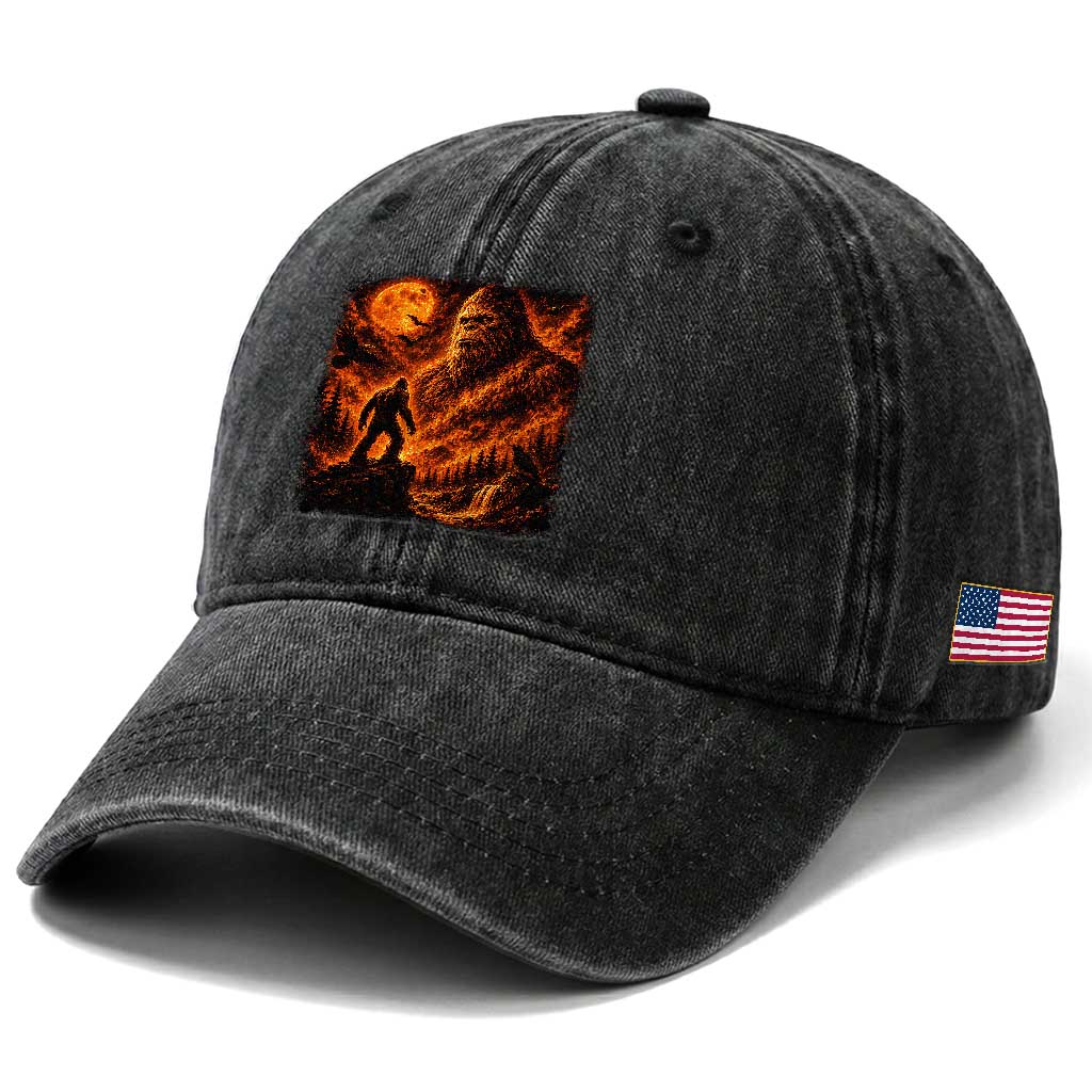 90s Retro Fiery Bigfoot Halloween Under The Moon Spooky Cryptid Graphic Washed Cotton Baseball Cap