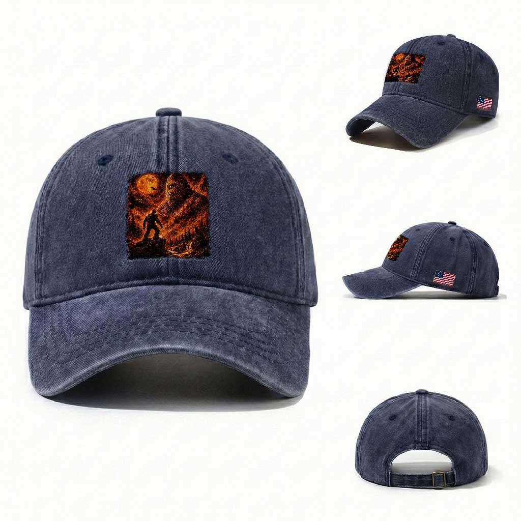 90s Retro Fiery Bigfoot Halloween Under The Moon Spooky Cryptid Graphic Washed Cotton Baseball Cap