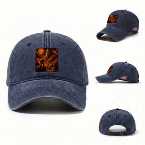 90s Retro Fiery Bigfoot Halloween Under The Moon Spooky Cryptid Graphic Washed Cotton Baseball Cap
