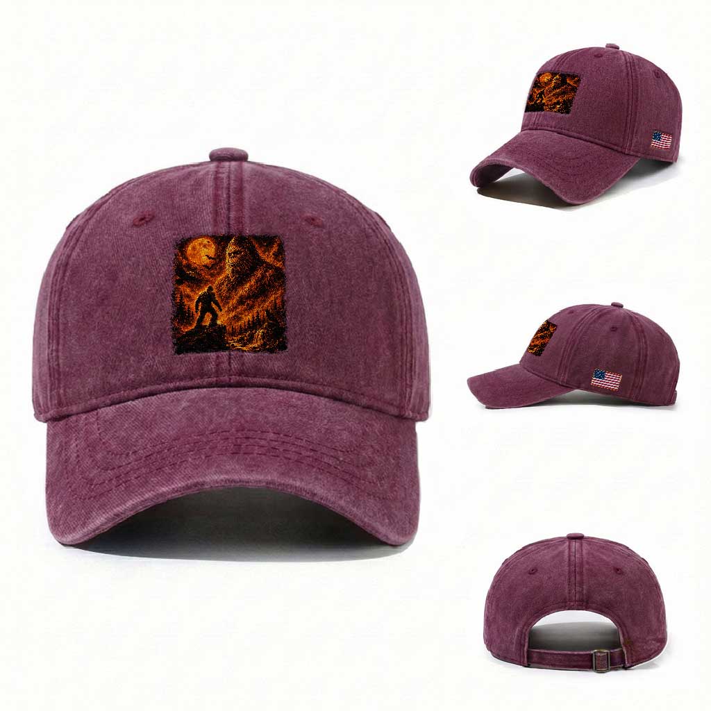 90s Retro Fiery Bigfoot Halloween Under The Moon Spooky Cryptid Graphic Washed Cotton Baseball Cap