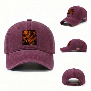 90s Retro Fiery Bigfoot Halloween Under The Moon Spooky Cryptid Graphic Washed Cotton Baseball Cap