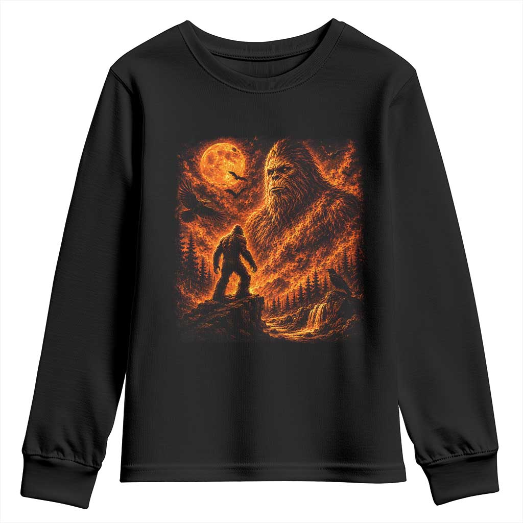 90s Retro Fiery Bigfoot Halloween Under The Moon Spooky Cryptid Graphic Youth Sweatshirt