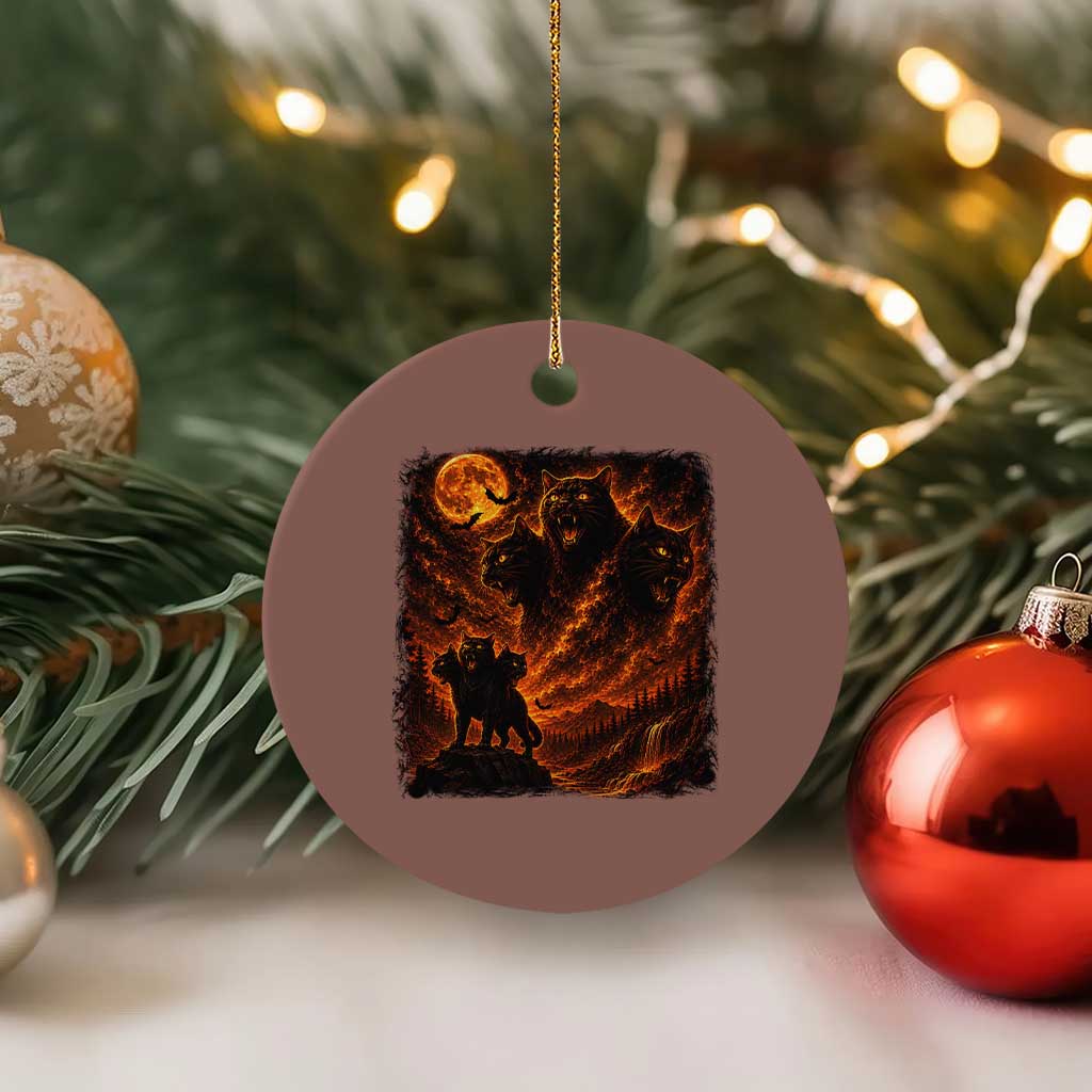 Fiery Three Headed Cat Ceramic Ornament Dark Fantasy Halloween Graphic Vintage 90s Halloween