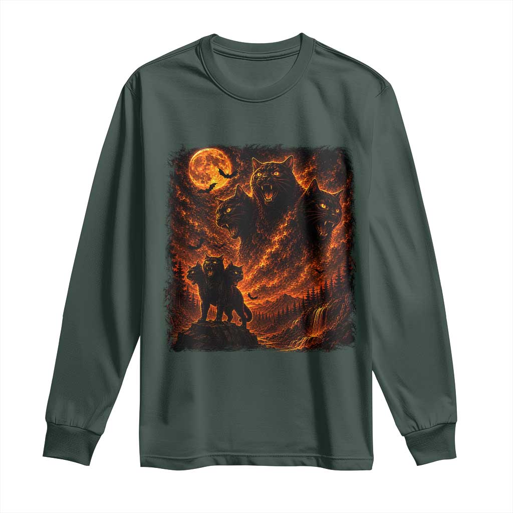Fiery Three Headed Cat Long Sleeve Shirt Dark Fantasy Halloween Graphic Vintage 90s Halloween