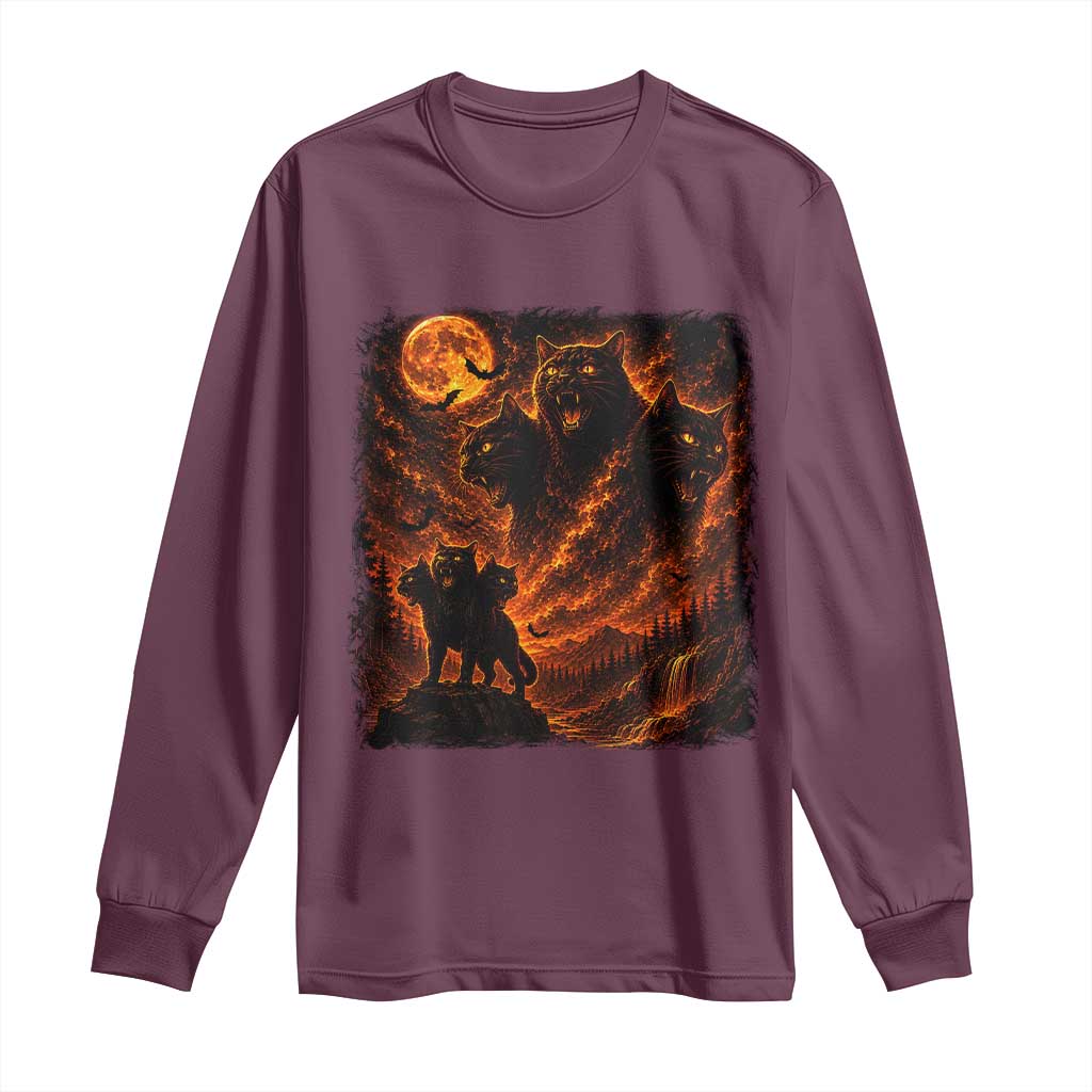 Fiery Three Headed Cat Long Sleeve Shirt Dark Fantasy Halloween Graphic Vintage 90s Halloween