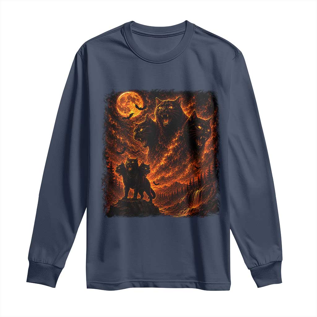 Fiery Three Headed Cat Long Sleeve Shirt Dark Fantasy Halloween Graphic Vintage 90s Halloween