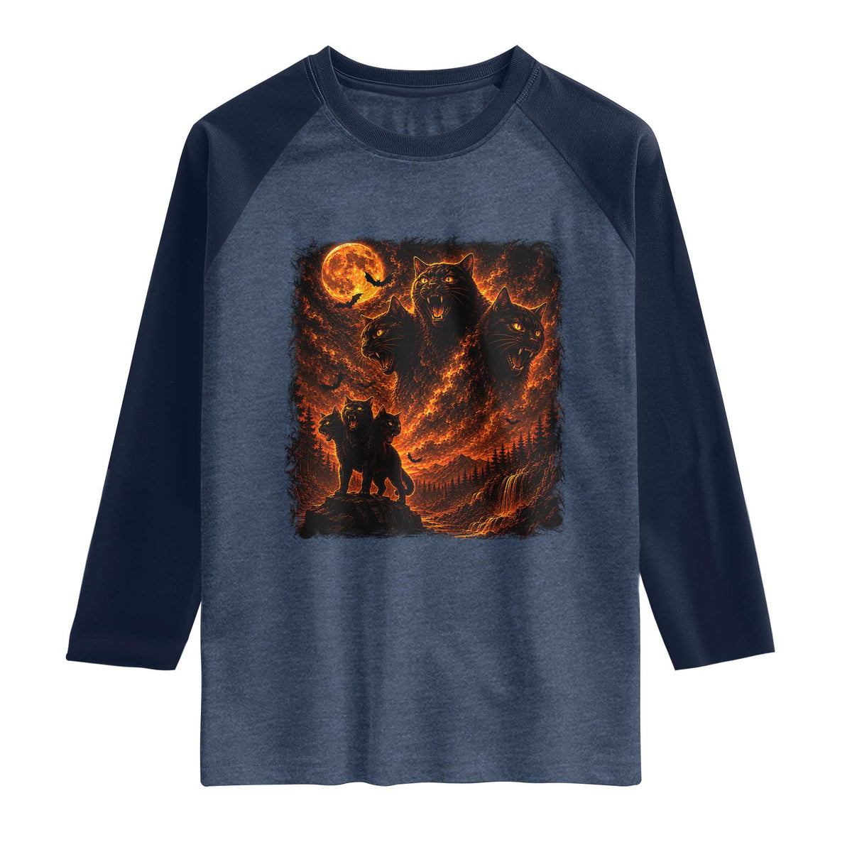 Fiery Three Headed Cat Raglan Shirt Dark Fantasy Halloween Graphic Vintage 90s Halloween