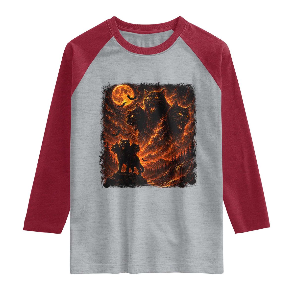 Fiery Three Headed Cat Raglan Shirt Dark Fantasy Halloween Graphic Vintage 90s Halloween