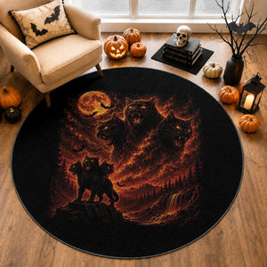 Fiery Three Headed Cat Round Rug Dark Fantasy Halloween Graphic Vintage 90s Halloween