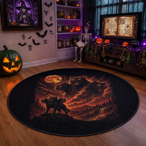 Fiery Three Headed Cat Round Rug Dark Fantasy Halloween Graphic Vintage 90s Halloween