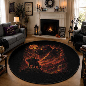 Fiery Three Headed Cat Round Rug Dark Fantasy Halloween Graphic Vintage 90s Halloween