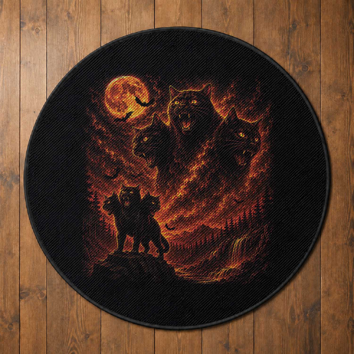 Fiery Three Headed Cat Round Rug Dark Fantasy Halloween Graphic Vintage 90s Halloween