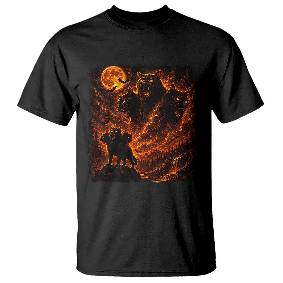 Fiery Three Headed Cat T Shirt Dark Fantasy Halloween Graphic Vintage 90s Halloween