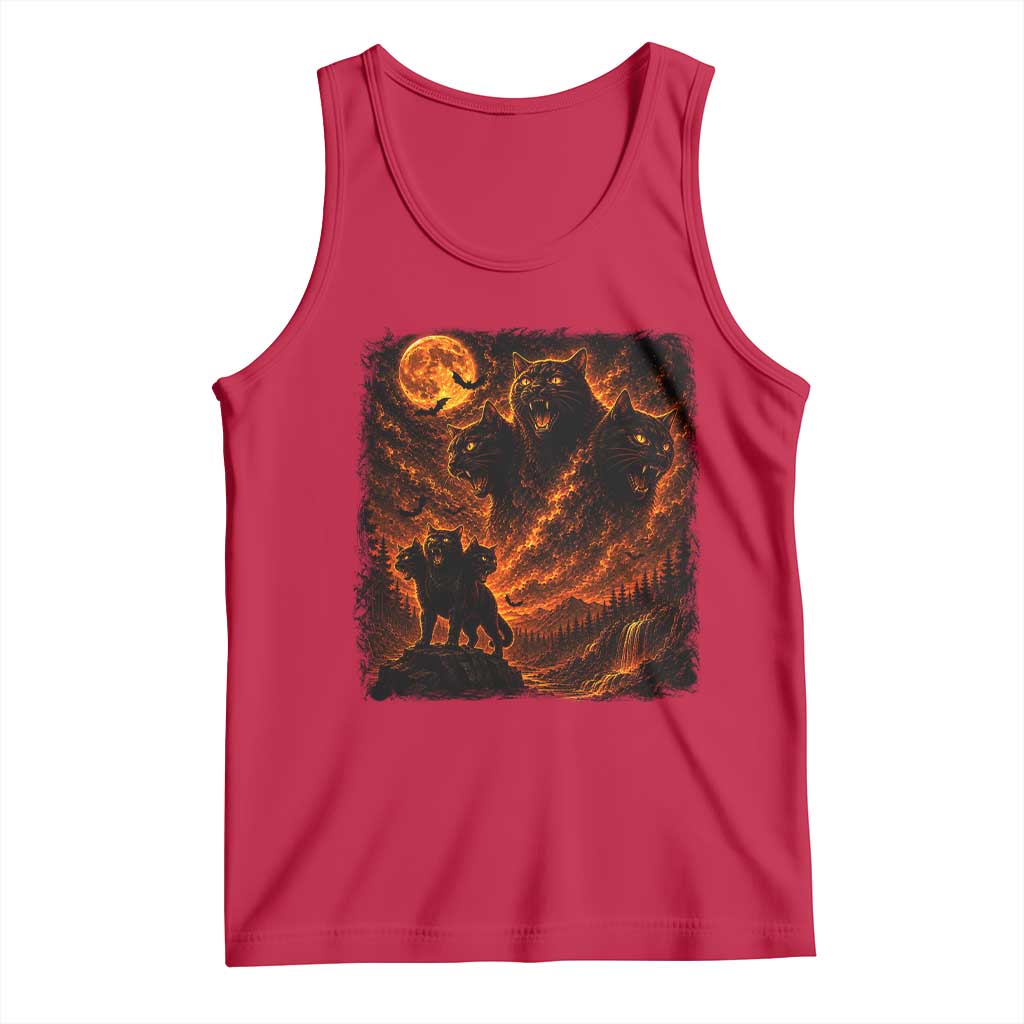 Fiery Three Headed Cat Tank Top Dark Fantasy Halloween Graphic Vintage 90s Halloween