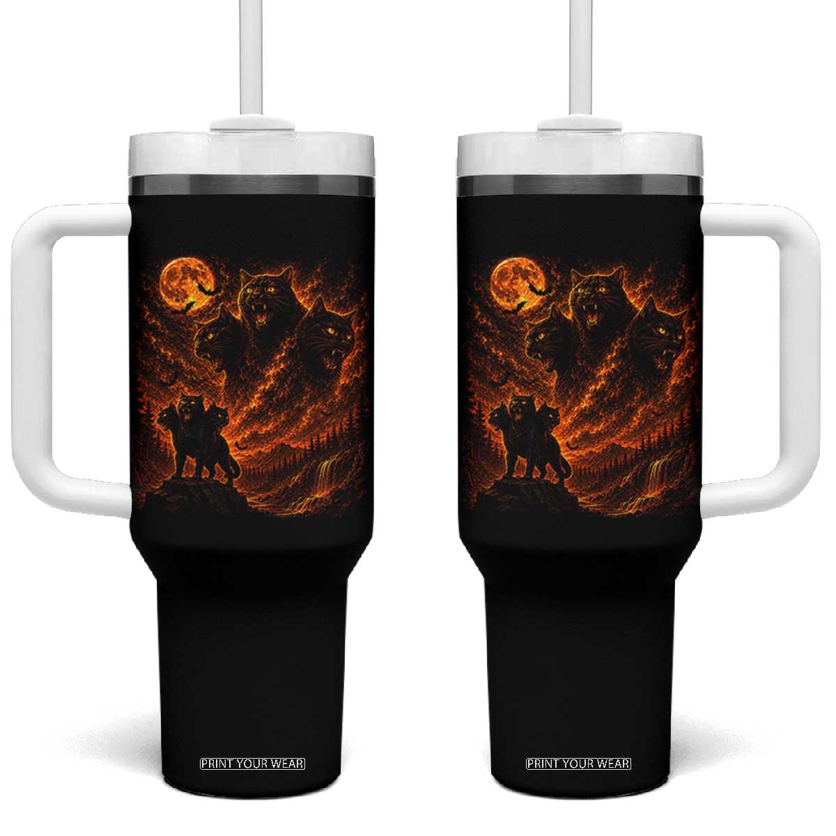 Fiery Three Headed Cat Tumbler With Handle Dark Fantasy Halloween Graphic Vintage 90s Halloween