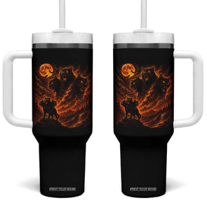 Fiery Three Headed Cat Tumbler With Handle Dark Fantasy Halloween Graphic Vintage 90s Halloween