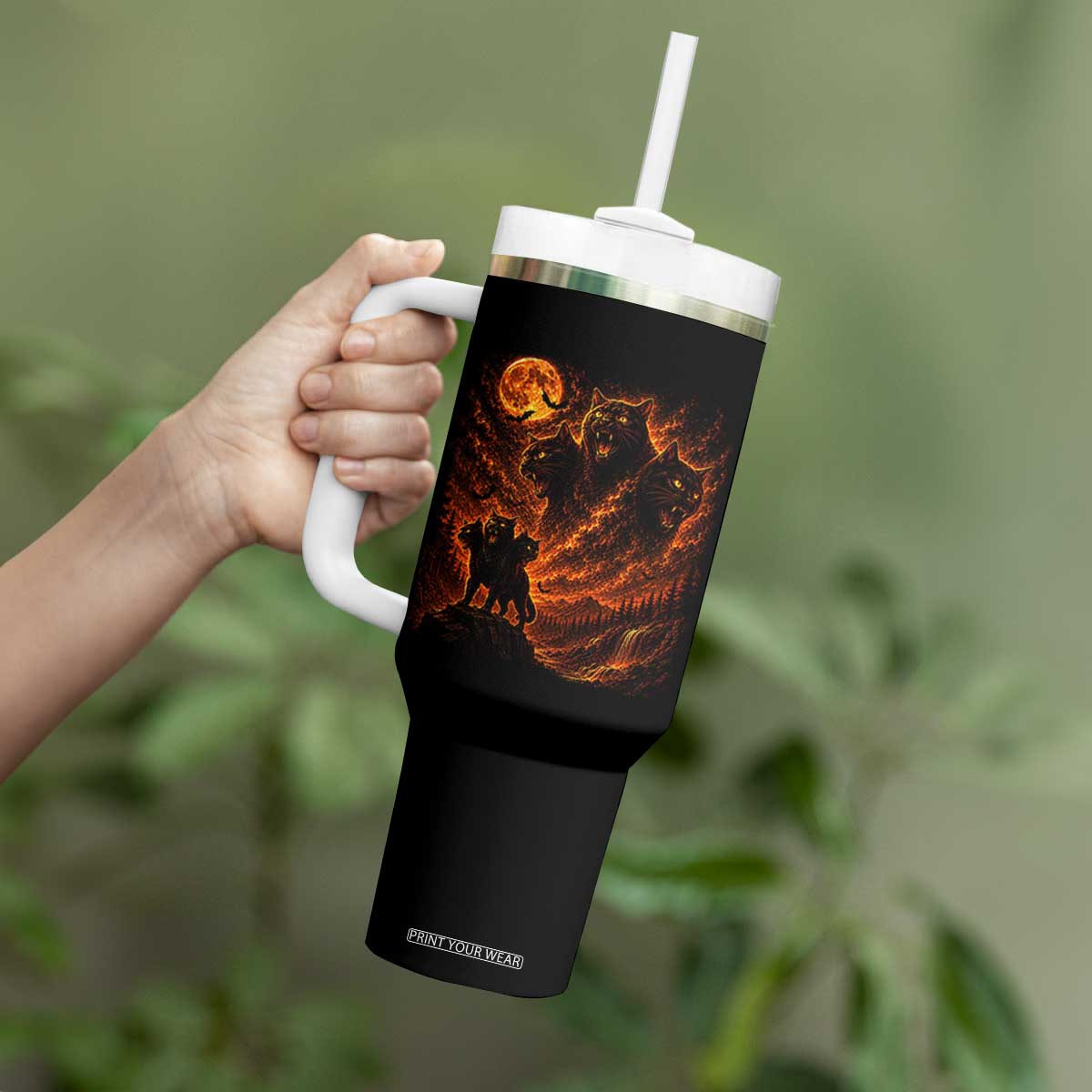 Fiery Three Headed Cat Tumbler With Handle Dark Fantasy Halloween Graphic Vintage 90s Halloween