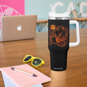Fiery Three Headed Cat Tumbler With Handle Dark Fantasy Halloween Graphic Vintage 90s Halloween