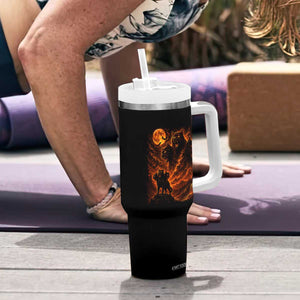 Fiery Three Headed Cat Tumbler With Handle Dark Fantasy Halloween Graphic Vintage 90s Halloween