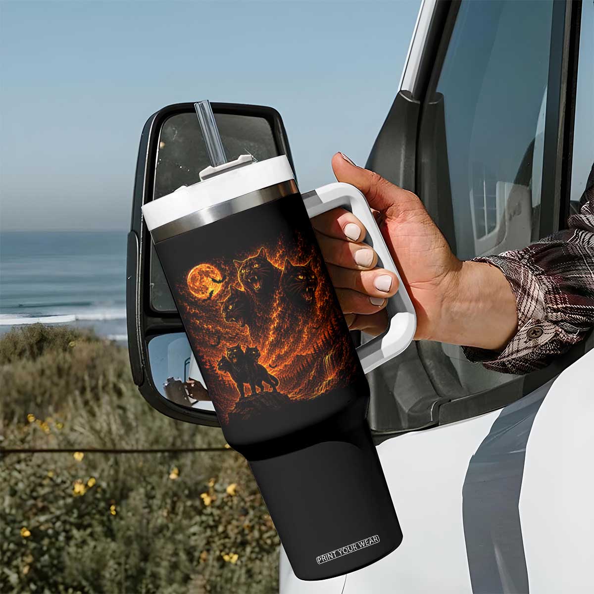 Fiery Three Headed Cat Tumbler With Handle Dark Fantasy Halloween Graphic Vintage 90s Halloween