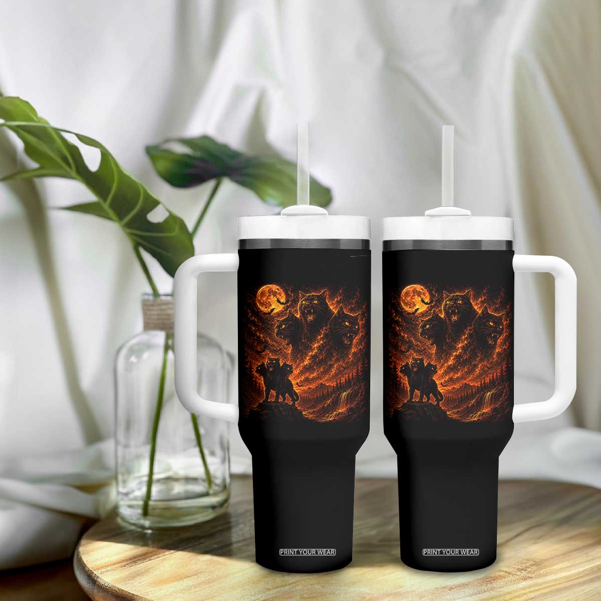 Fiery Three Headed Cat Tumbler With Handle Dark Fantasy Halloween Graphic Vintage 90s Halloween