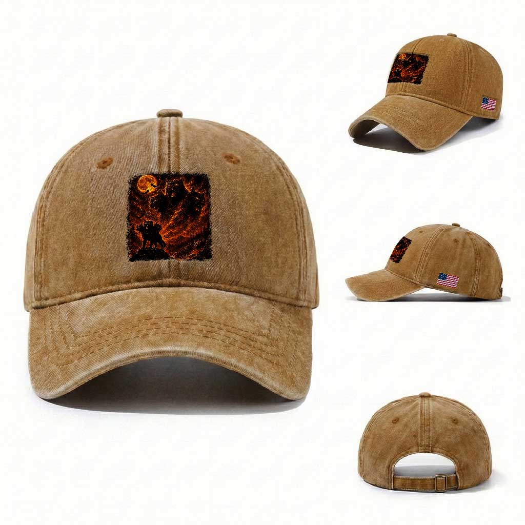 Fiery Three Headed Cat Washed Cotton Baseball Cap Dark Fantasy Halloween Graphic Vintage 90s Halloween