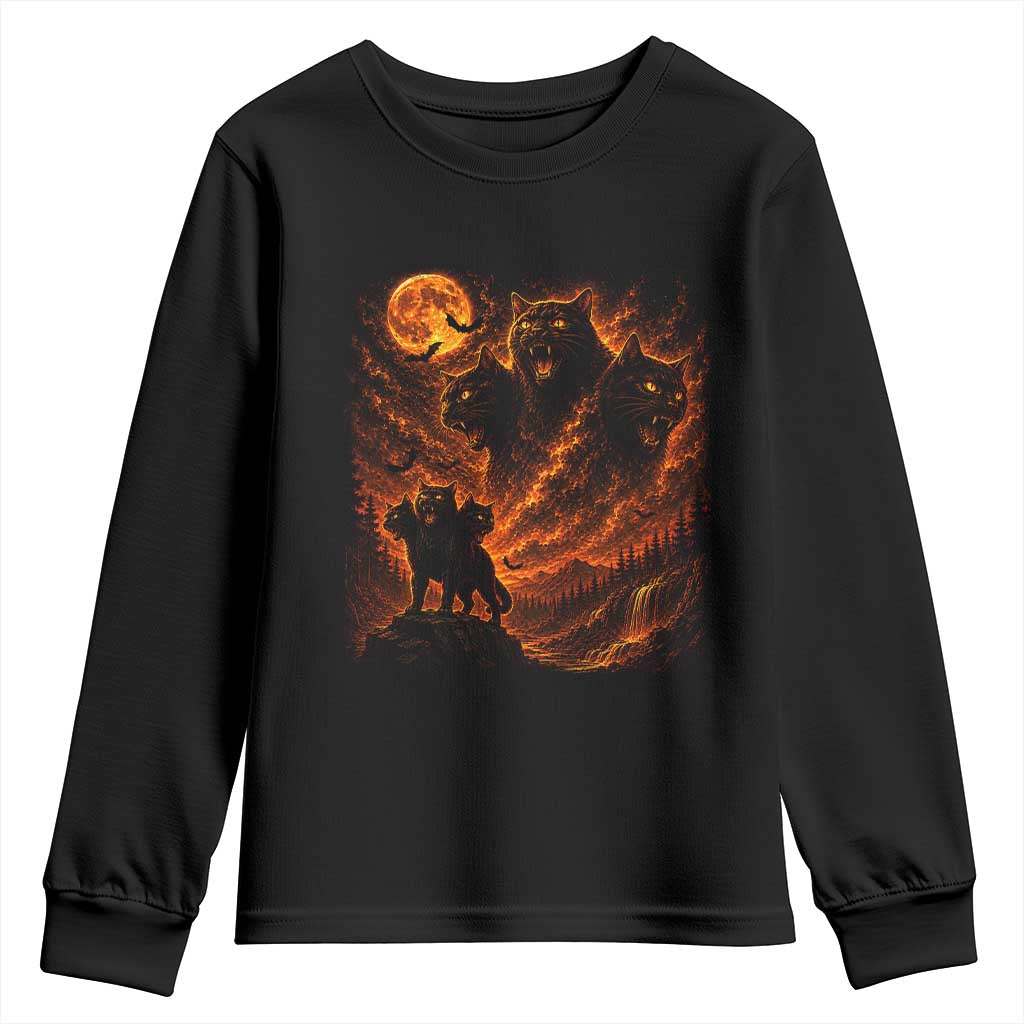 Fiery Three Headed Cat Youth Sweatshirt Dark Fantasy Halloween Graphic Vintage 90s Halloween