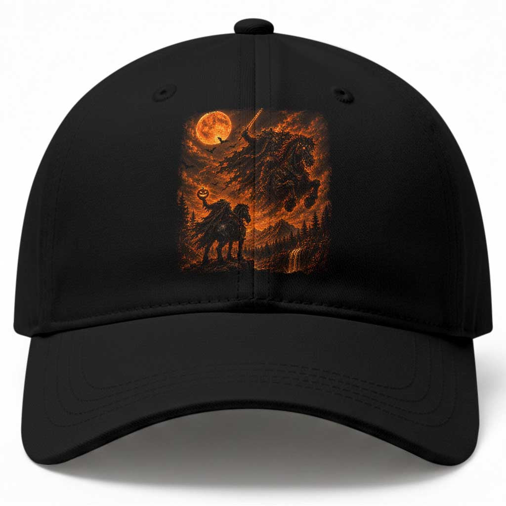 Fiery Headless Horseman Dark Fantasy Halloween Graphic Baseball Cap