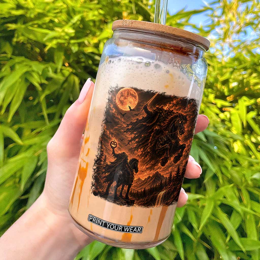 Fiery Headless Horseman Dark Fantasy Halloween Graphic Glass Can