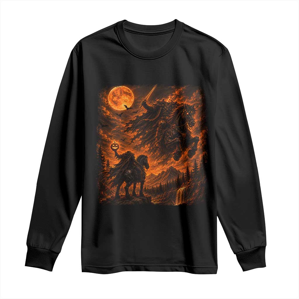 Fiery Headless Horseman Dark Fantasy Halloween Graphic Long Sleeve Shirt