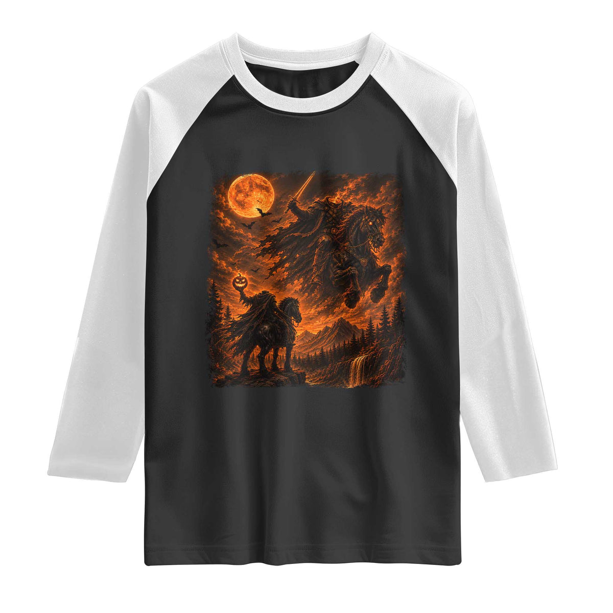 Fiery Headless Horseman Dark Fantasy Halloween Graphic Raglan Shirt