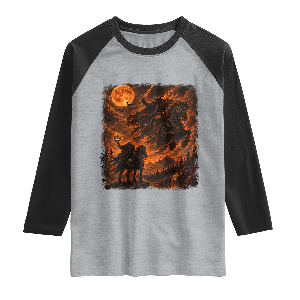 Fiery Headless Horseman Dark Fantasy Halloween Graphic Raglan Shirt