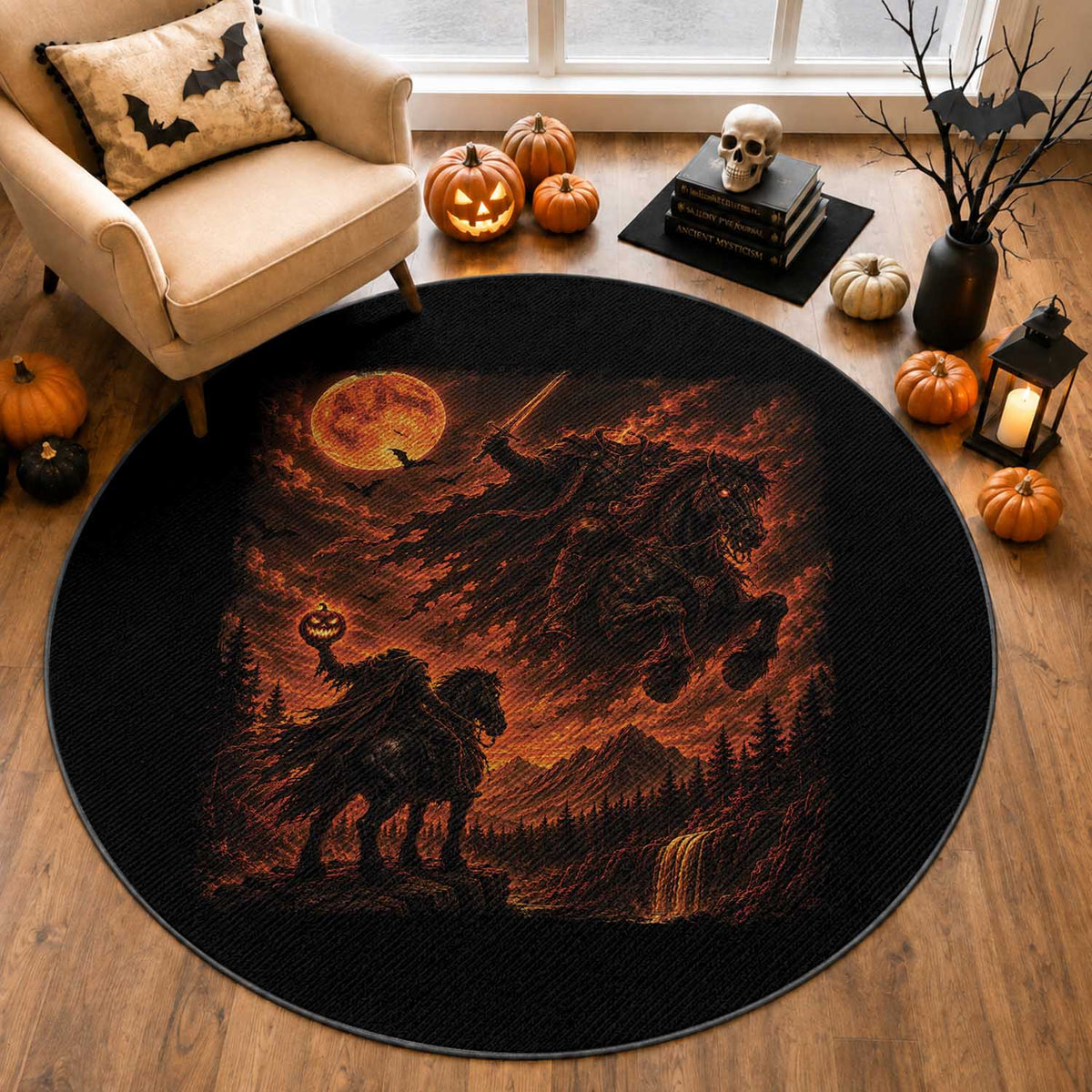 Fiery Headless Horseman Dark Fantasy Halloween Graphic Round Rug