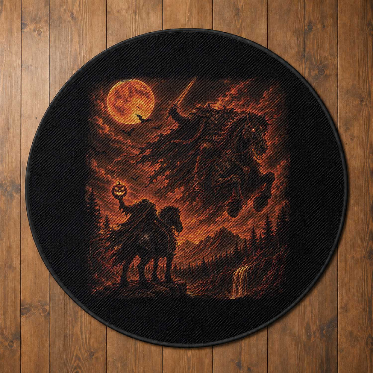 Fiery Headless Horseman Dark Fantasy Halloween Graphic Round Rug