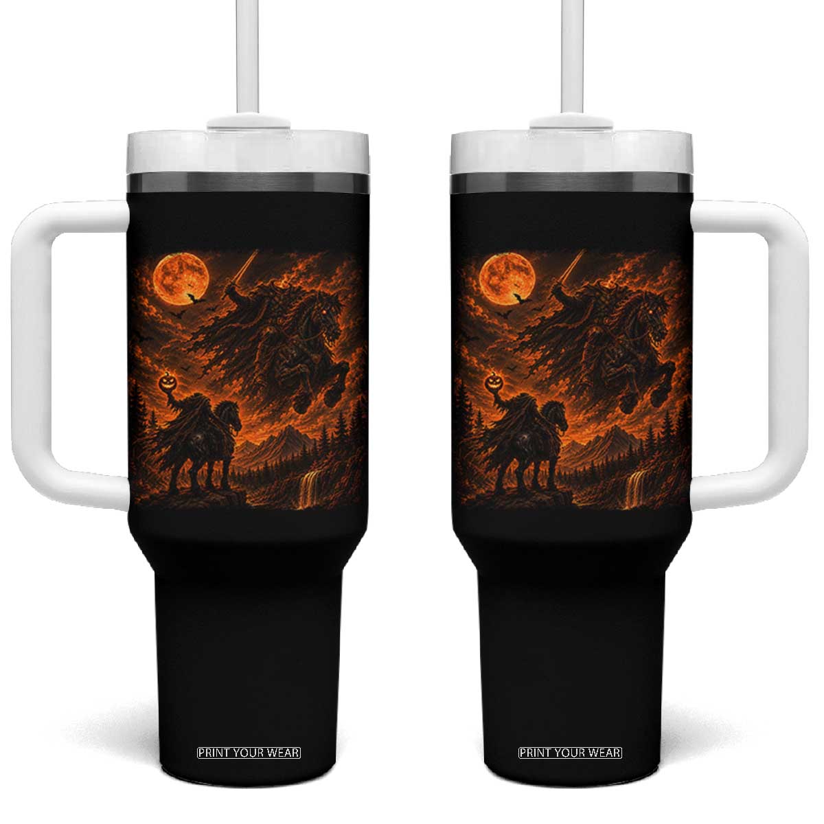Fiery Headless Horseman Dark Fantasy Halloween Graphic Tumbler With Handle