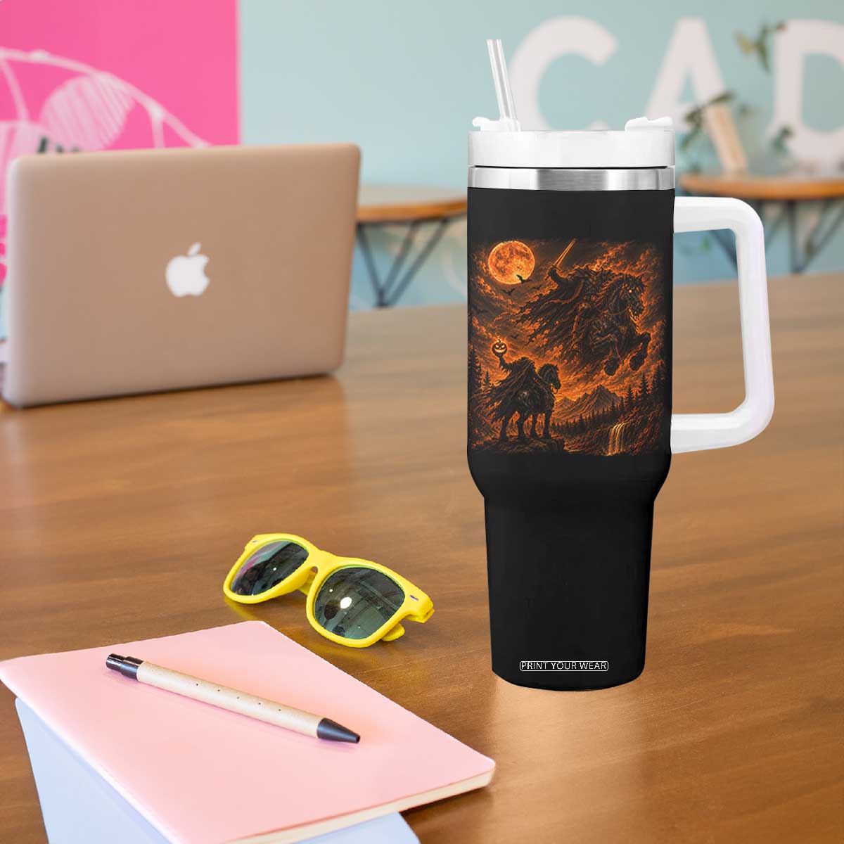 Fiery Headless Horseman Dark Fantasy Halloween Graphic Tumbler With Handle